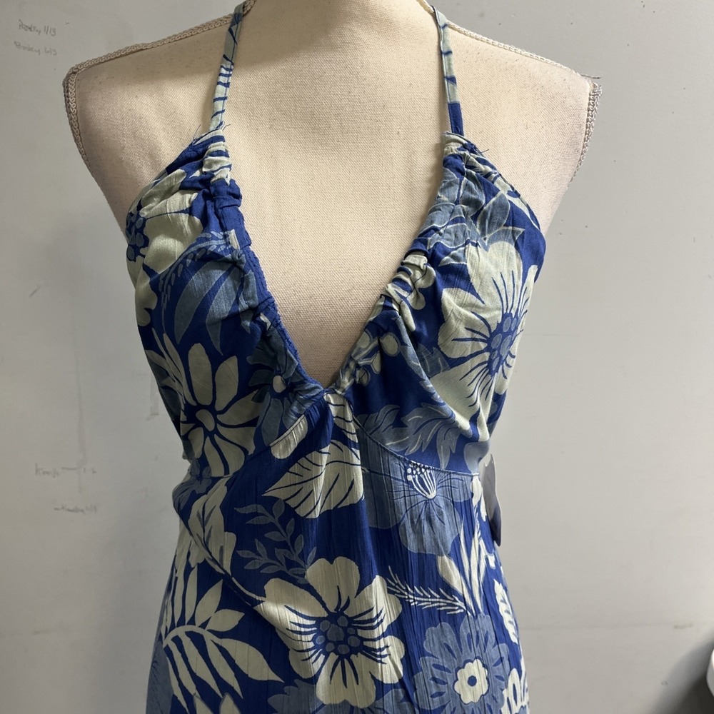 Angie Dress Blue Floral Babydoll Halter Tiered Maxi Size M Tropical Vacation - Picture 3 of 16